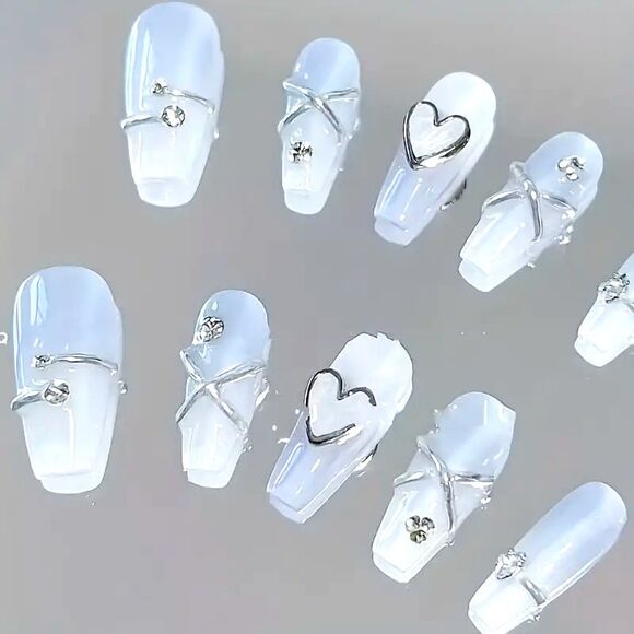 10PCS Y2K Coffin Cute Demure Pastel Press on Nails, Medium Length- XS, S, M, L - Picture 1 of 6